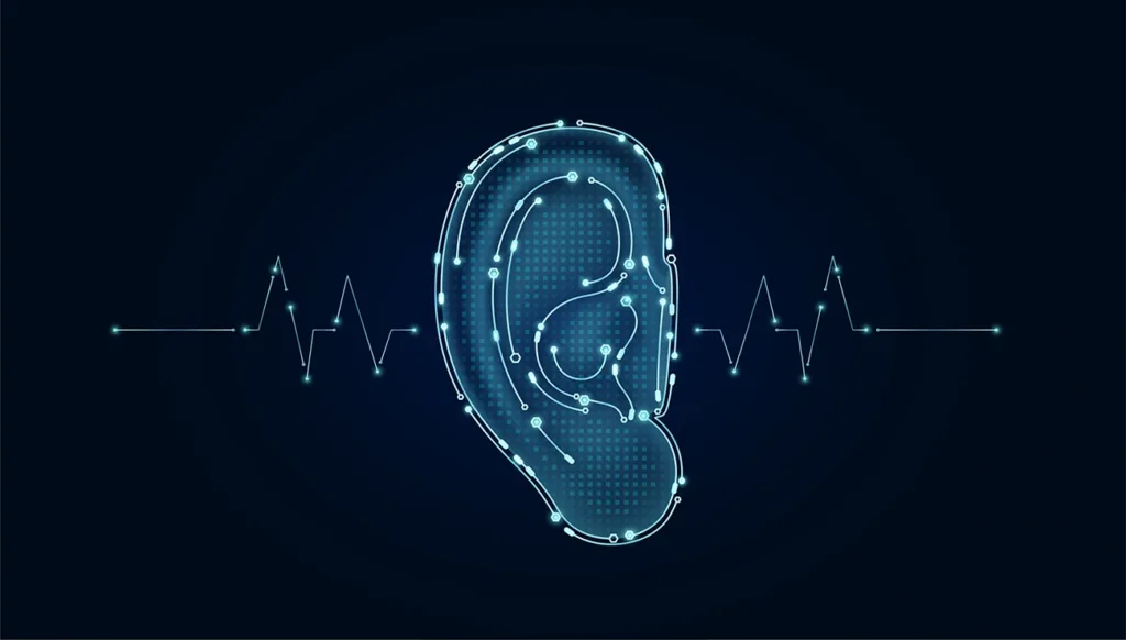 CGI style graphic of a human ear with pulse wave glowing between connecting lines symbolic of hearing aid technology